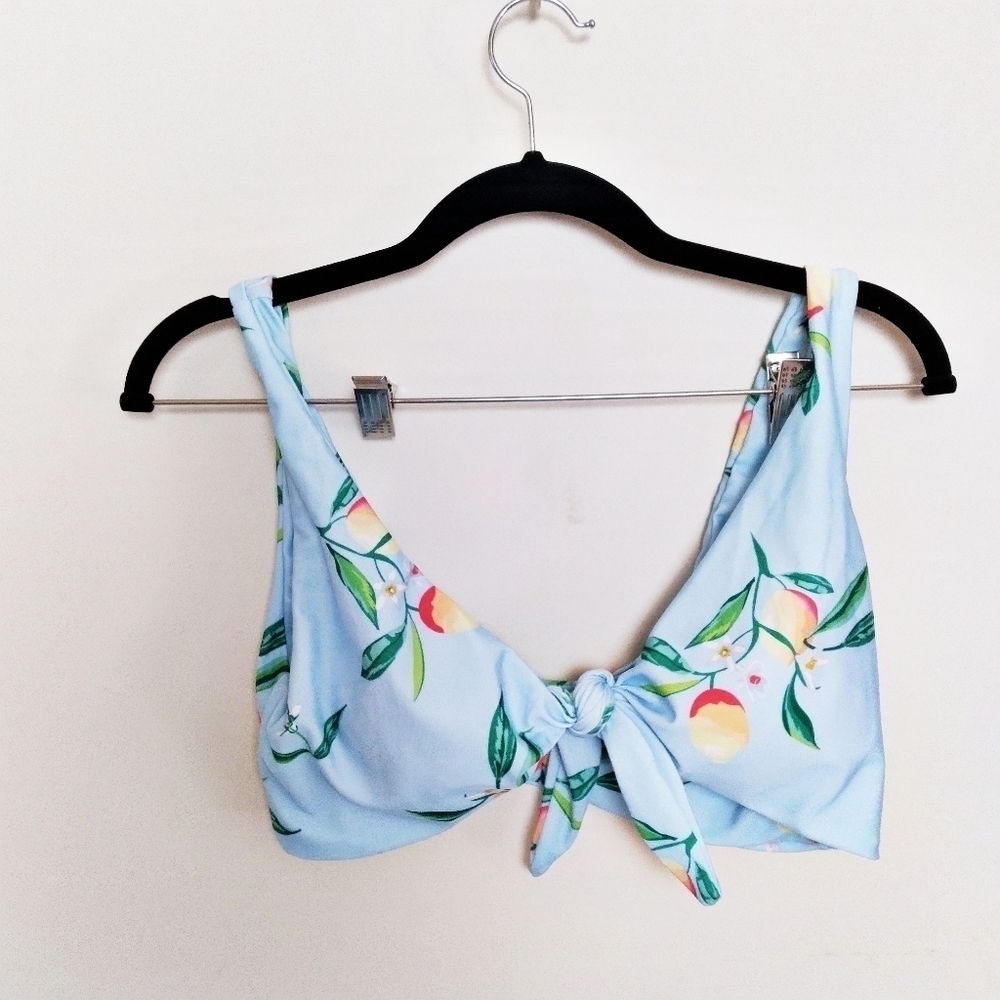 Unbranded Retro Tie Front Peach Print Baby Blue Bikini Top Size Small